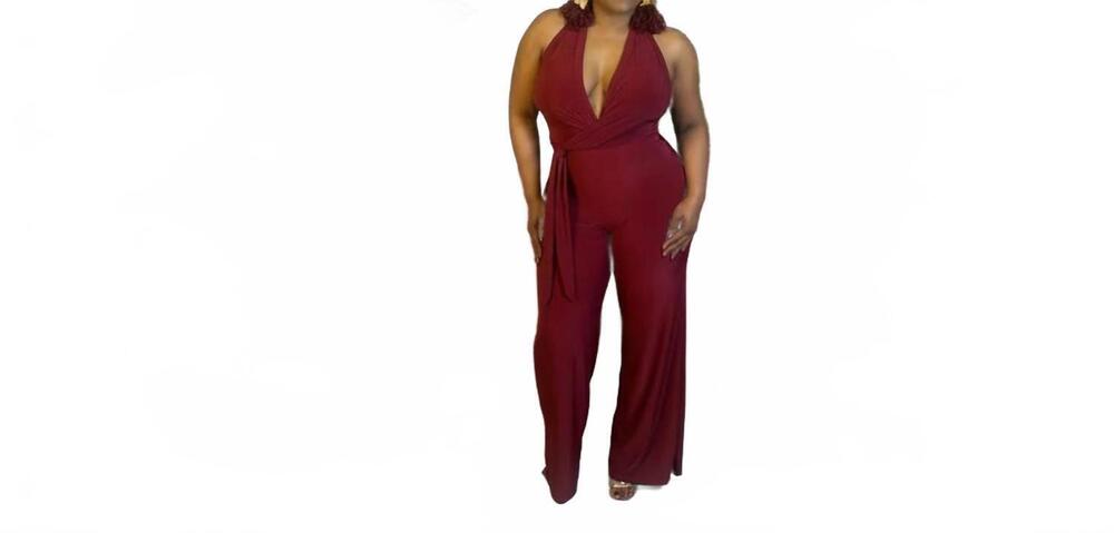 NEW LET'S GO UPTOWN crimson wrap jumpsuit in burgundy